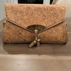 Lilly Pulitzer Everglade Cork Gold Tassel Clutch Bag EUC